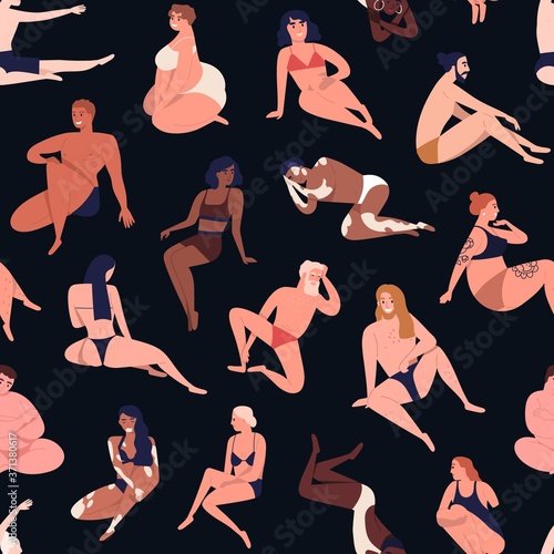 Seamless pattern of multiracial body positive people in beachwear. Woman and man of diverse size, age, shape, skin color and nationality. Flat cartoon vector illustration isolated on black background