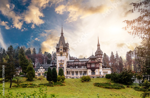 Famous Peles Castle in Romania at sanset