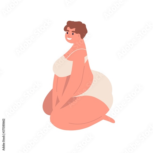 Young beautiful, body positive, curvy woman sitting in underwear. Happy adult...