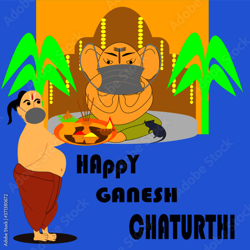 Happy Ganesh chaturthi , vector Lord Ganesh statue with mask,Hindu brahmin man standing infront of statue holding pooja thali with wearing face mask at the time of festival,due to pandemic of covid-19