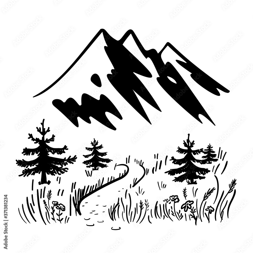 Fototapeta premium Hand drawn mountain landscape with road, spruces and grass. Monochrome landscape.