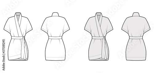 Kimono technical fashion illustration with short batwing sleeves, belt to cinch the waist, above-the-knee length. Flat apparel blouse template front, back white grey color. Women men unisex shirt CAD