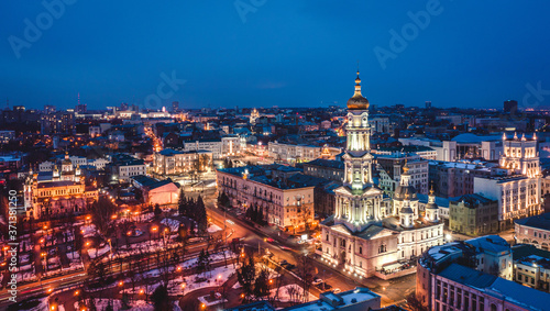 Orthodox Dormition Cathedral and evening centrum of Kharkiv, Ukraine