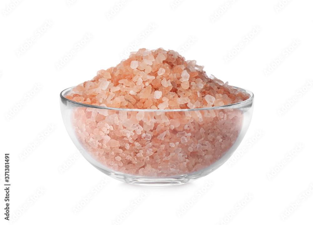 Pink himalayan salt in glass bowl isolated on white Pink himalayan salt in glass bowl isolated on white