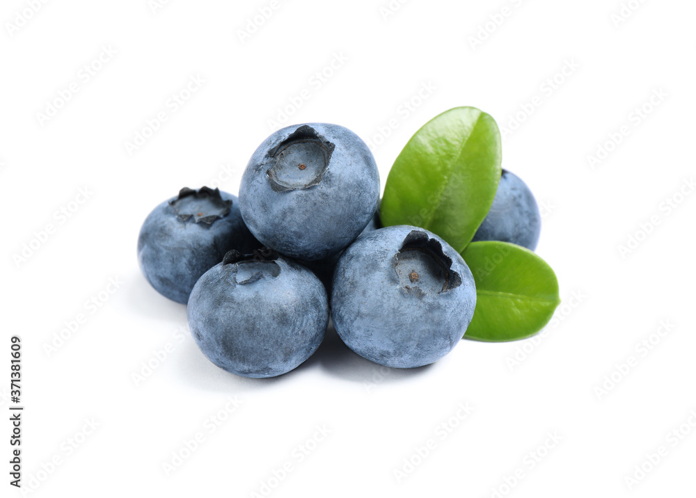 Fresh ripe blueberries with leaves on white background Fresh ripe blueberries with leaves on white background