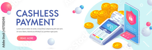 Safe mobile cashless payments, online payment protection isometric banner concept. 3d POS terminal, NFC payment via smartphone, coin stack on abstract background. Internet banking security vector