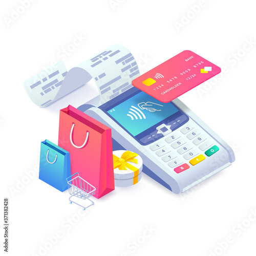 3d internet shopping isometric concept. Black friday sale design with shopping cart, bags, gift, NFC payment terminal and credit card. Online shop vector illustration for web, mobile app, advert