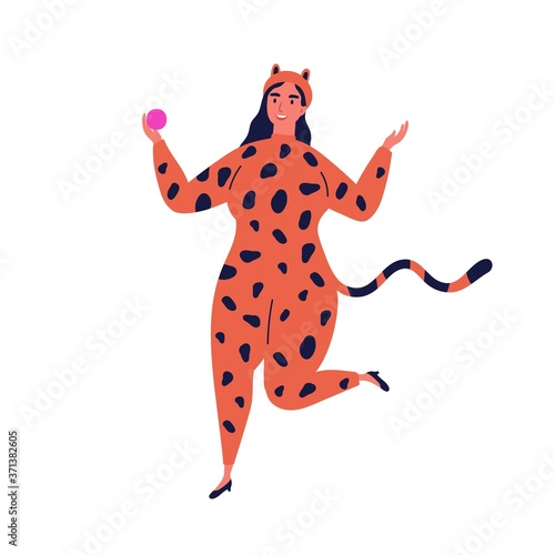 Funny dancing female character in halloween animal jumpsuit. Cat woman wearing carnival leopard costume at fancy dress party. Flat vector cartoon illustration isolated on white background