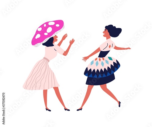 Funny dancing woman in Halloween masquerade mushroom hat, carnival costume, ornamented dress. Girls performers at festive party. Flat vector cartoon illustration isolated on white background