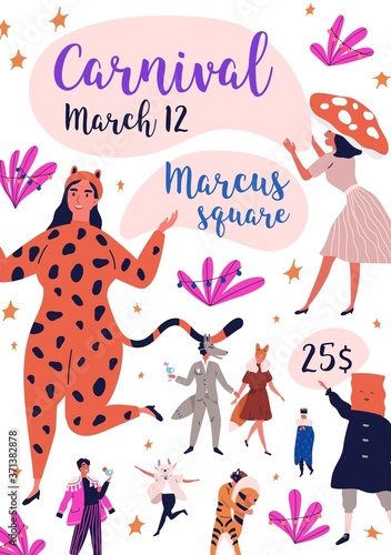 Fancy dress party vertical poster design. Carnival invitation with people cel...
