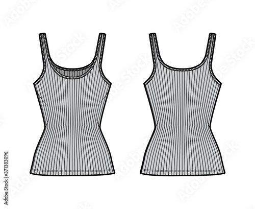 Ribbed cotton-jersey tank technical fashion illustration with scoop neck, close fit knit, tunic length. Flat outwear camisole apparel template front back grey color. Women men unisex shirt top mockup