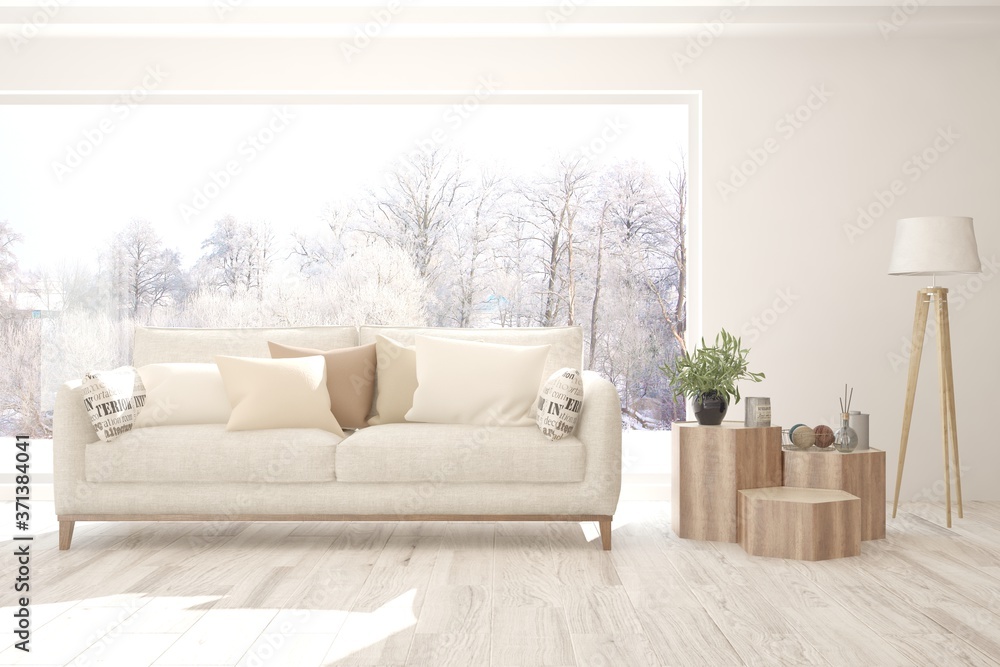 Fototapeta premium White stylish minimalist room with sofa and winter landscape in window. Scandinavian interior design. 3D illustration
