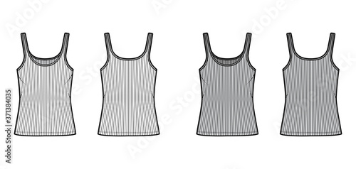 Ribbed cotton-jersey tank technical fashion illustration with scoop neck, relaxed fit knit. Flat outwear camisole apparel template front back white grey color. Women men unisex shirt top CAD mockup