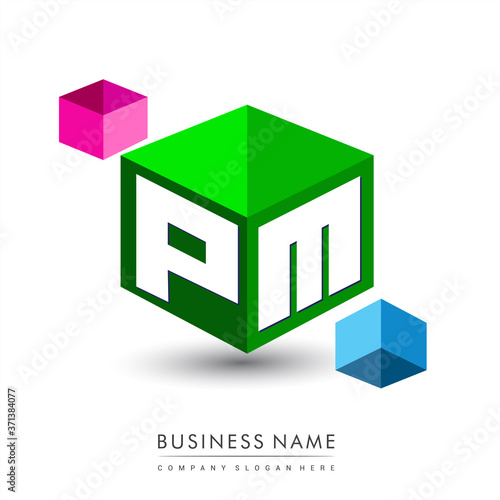 Letter PM logo in hexagon shape and green background, cube logo with letter design for company identity.