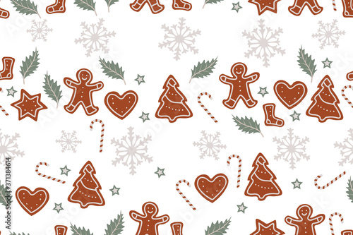 Christmas seamless pattern with candy canes, gingerbread, leafs and snowflakes. Repetitive vector pattern design on transparent background. 