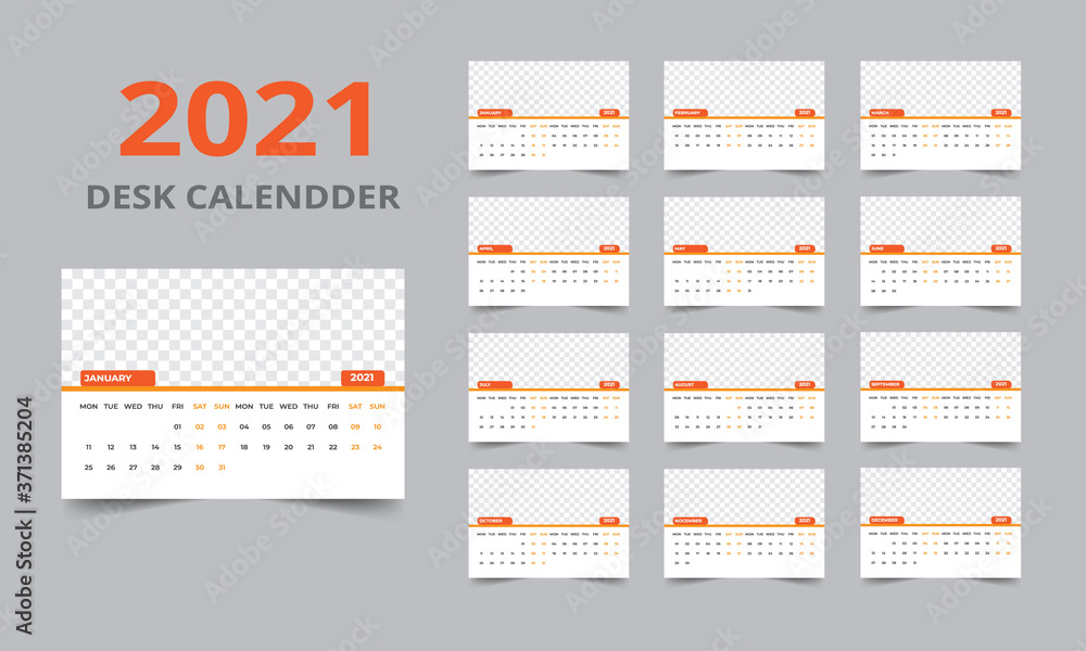 Desk calendar design 2021 template Set of 12 Months, Week starts Monday, Stationery design, calendar planner
