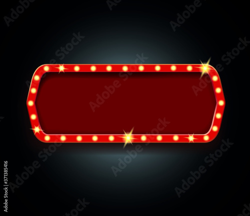 Shining retro light banner. Frame with glowing lights and blank space. Poker, cards, roulette and lottery winners banner Vector illustration