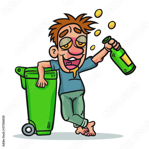 A drunk man leaning against a trash can, illustration vector cartoon