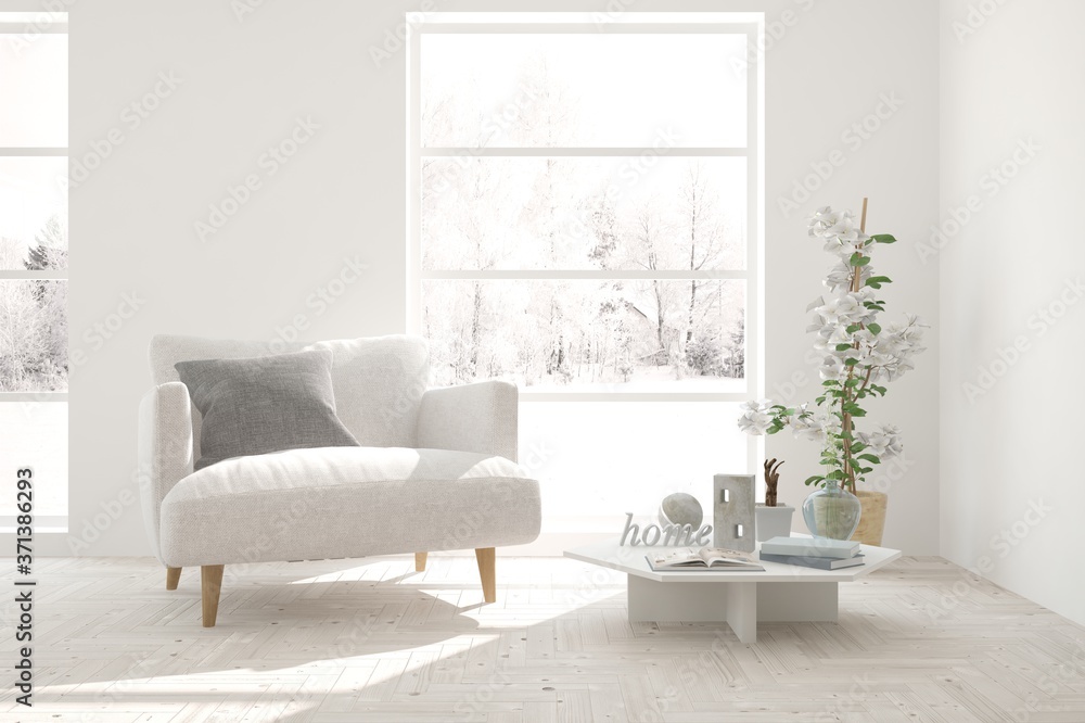 Fototapeta premium Idea of white stylish minimalist room with armchair and summer landscape in window. Scandinavian interior design. 3D illustration