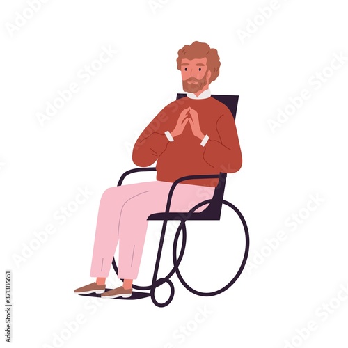 Portrait of invalid, disabled young man sitting in wheelchair. Handicapped character with limited mobility. Successful paraplegic person on white background. Flat vector cartoon isolated illustration