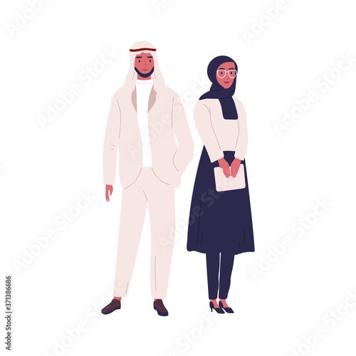 Muslim couple of arabian people wearing traditional modern outfit. Woman in hijab holding tablet. Saudi or uae man in oriental clothes and kufiya. Flat vector cartoon illustration isolated on white