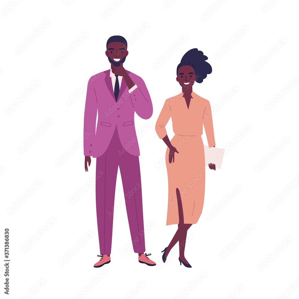 Modern young dark skin couple wearing formal official outfit. Stylish woman, holding papers, and man posing in pink costume. Flat vector cartoon illustration isolated on white background Modern young dark skin couple wearing formal official outfit. Stylish woman, holding papers, and man posing in pink costume. Flat vector cartoon illustration isolated on white background
