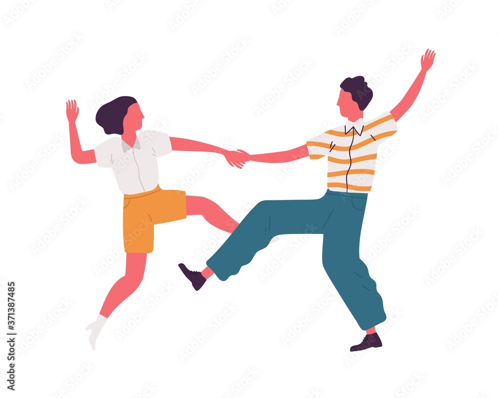 Faceless pair holding hands and dancing lindy hop dance together. Party time in retro rock n roll style. Swing dancers couple in 1940s style clothing. Flat vector illustration isolated on white