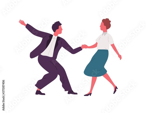 Pair holding hands and dancing lindy hop dance together. Party time in retro rock n roll style. Swing dancers couple in 1940s style clothing. Flat vector illustration isolated on white background