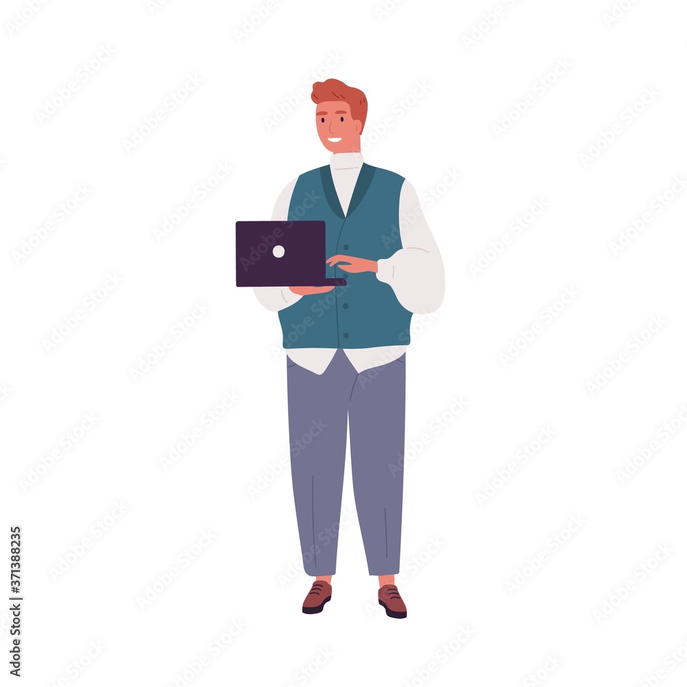 Smiling programmer or businessman working and holding laptop. Adult bearded modern coder in casual clothes. Young man having remote work. Flat vector cartoon illustration isolated on white background Smiling programmer or businessman working and holding laptop. Adult bearded modern coder in casual clothes. Young man having remote work. Flat vector cartoon illustration isolated on white background