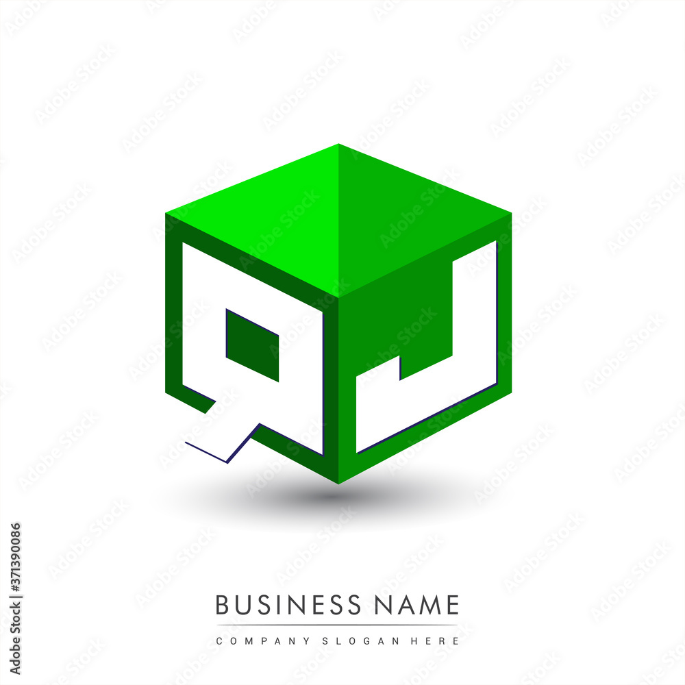 Letter QJ logo in hexagon shape and green background, cube logo with ...