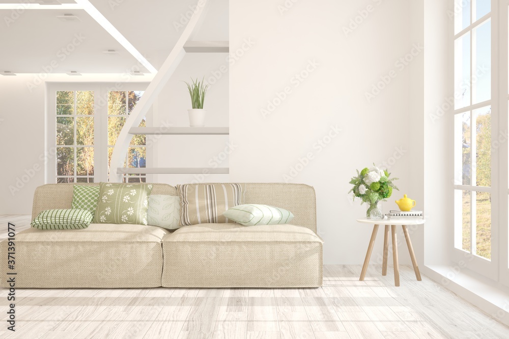 Obraz premium White stylish minimalist room with sofa. Scandinavian interior design. 3D illustration