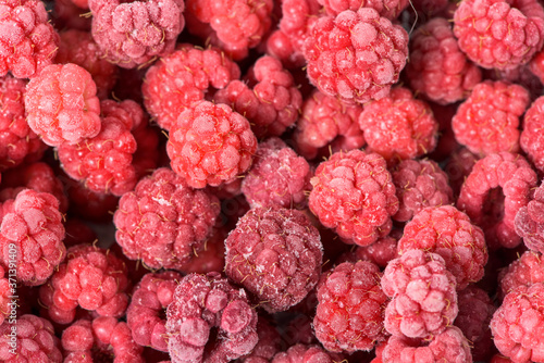background of frozen raspberries, fresh berries covered with frost, top view. macro photo close-up