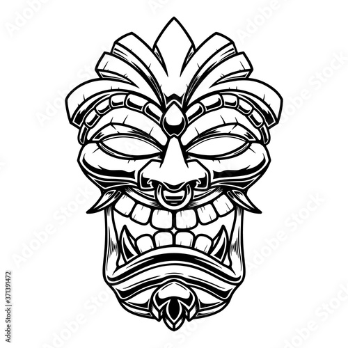 Illustration of Tiki tribal wooden mask. Design element for logo, emblem, sign, poster, card, banner. Vector illustration