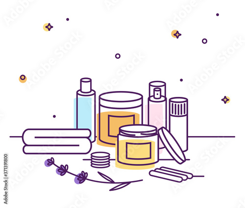 Vector illustration with various sugar or wax hair removal tools and cosmetic products. Outline illustration with different depilation elements.
