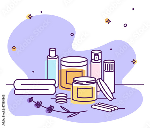 Vector illustration with various sugar or wax hair removal tools and cosmetic products. Outline illustration with different depilation elements.