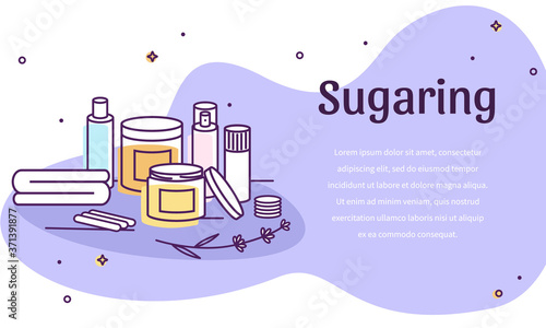 Vector illustration with various sugar or wax hair removal tools and cosmetic products, purple background. Outline illustration with different epilation elements, template or background.