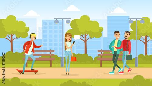 People Spending Time Outdoors, Girl Riding Skateboard, Girl Chatting on Smartphone, Couple of Male Friends Meeting Cartoon Vector Illustration