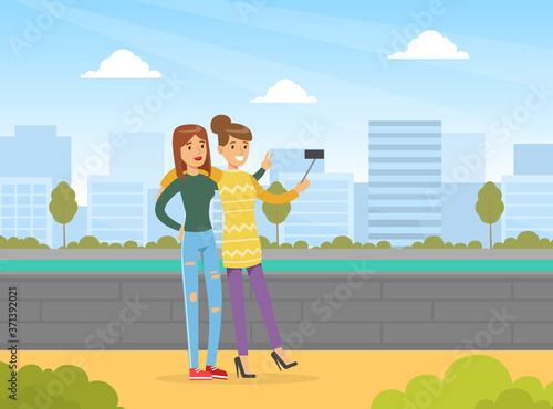 Two Young Women Making Selfie on City Street, Best Friends Forever Concept Cartoon Vector Illustration