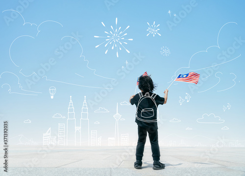 Photography Little boy holding Malaysia flags with illus draw Kuala Lumpur skyline