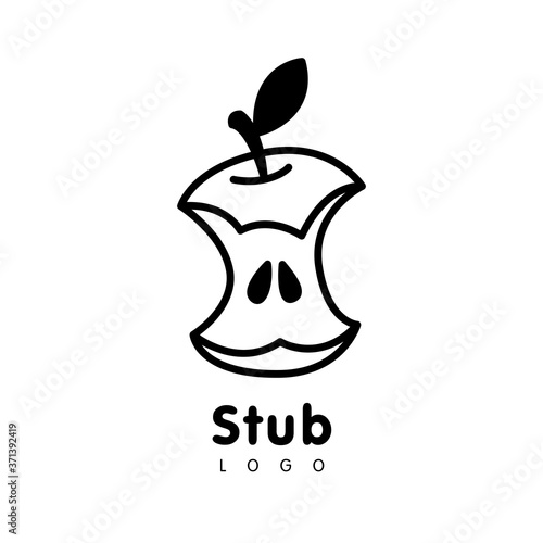 Vector logo design  in cartoon flat linear style.  Apple stub with leaf and seeds - emblem,  sticker or badge. 
