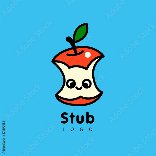 Vector logo design  in cartoon flat linear style.  Cute funny red apple stub with leaf - emblem,  sticker or badge. 