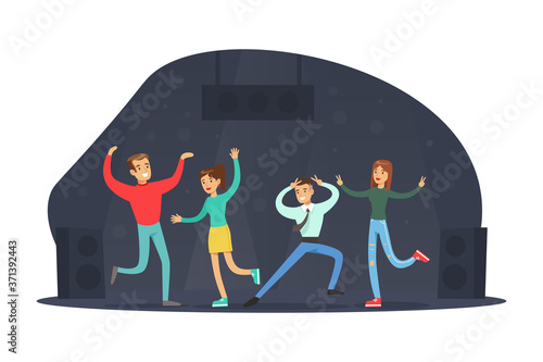 Happy Friends Dancing at Party. Young Men and Women Spending Time Together at Night Concept Cartoon Vector Illustration