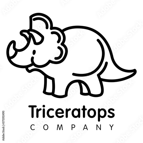 Vector logo design  in cartoon flat linear style. Cute funny dinosaur, triceratops- emblem, mascot, sticker or badge for kids store, center, packaging, clothes, company making child goods and products