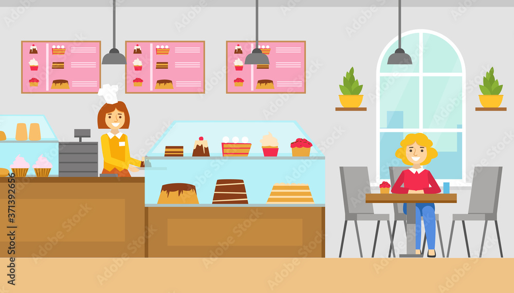 Cute Girl Eating Desserts at Table in Cafe, Cafeteria Interior, Confectionery Shop with Sweets Assortment Cartoon Vector Illustration