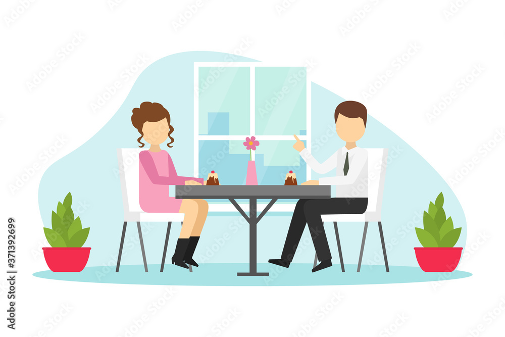 Couple on Romantic Date, Young Man and Woman Sitting at Table and Eating Desserts in Cafe Cartoon Vector Illustration