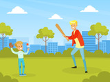 Father Playing Baseball with his Son in City Park Outdoor, Active Holidays, Kid Summer Outdoor Activity Cartoon Vector Illustration