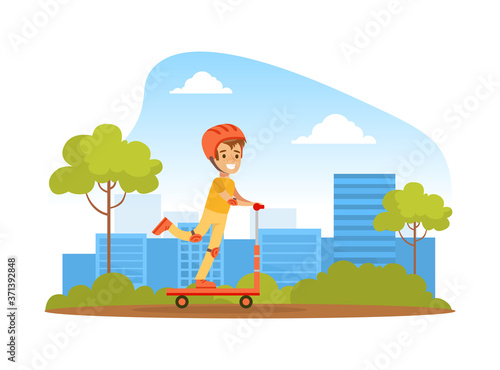 Cute Boy in Safety Helmet Riding on Kick Scooter, Kid Summer Outdoor Activity Cartoon Vector Illustration