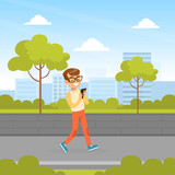Cute Boy Walking with Smartphone in Summer Park Outdoor Cartoon Vector Illustration