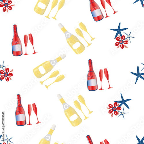 Vector Champagne bubbles and ocean star fish seamless pattern background. Prosecco bottles, fizzing glasses, cowrie shells gold red , white backdrop. All over print for beach style party celebration