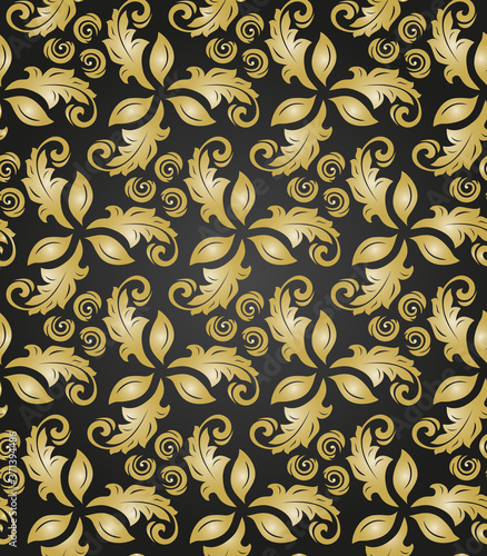 Golden vector ornament. Seamless abstract classic background with golden lives. Pattern with repeating floral elements. Ornament for fabric, wallpaper and packaging